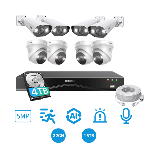 C225/C182 5MP PoE Camera System + 4K 16-Channel PoE NVR + 4TB Hard Drive