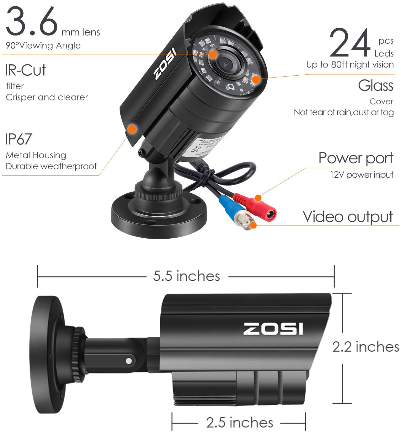 Zosi 1AC-2112C - 2MP Add-on Bullet Security Camera For CCTV DVR