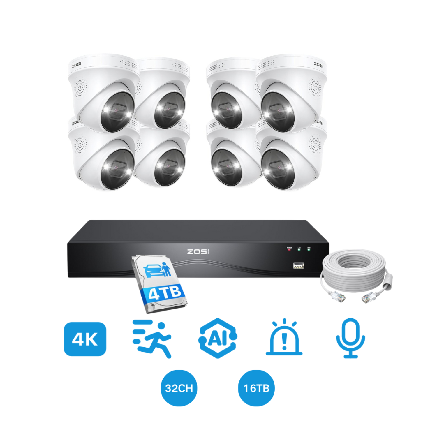 C225 4K 16 Channel PoE Security Camera System + Optional 2 Bay PoE NVR + Hard Drive