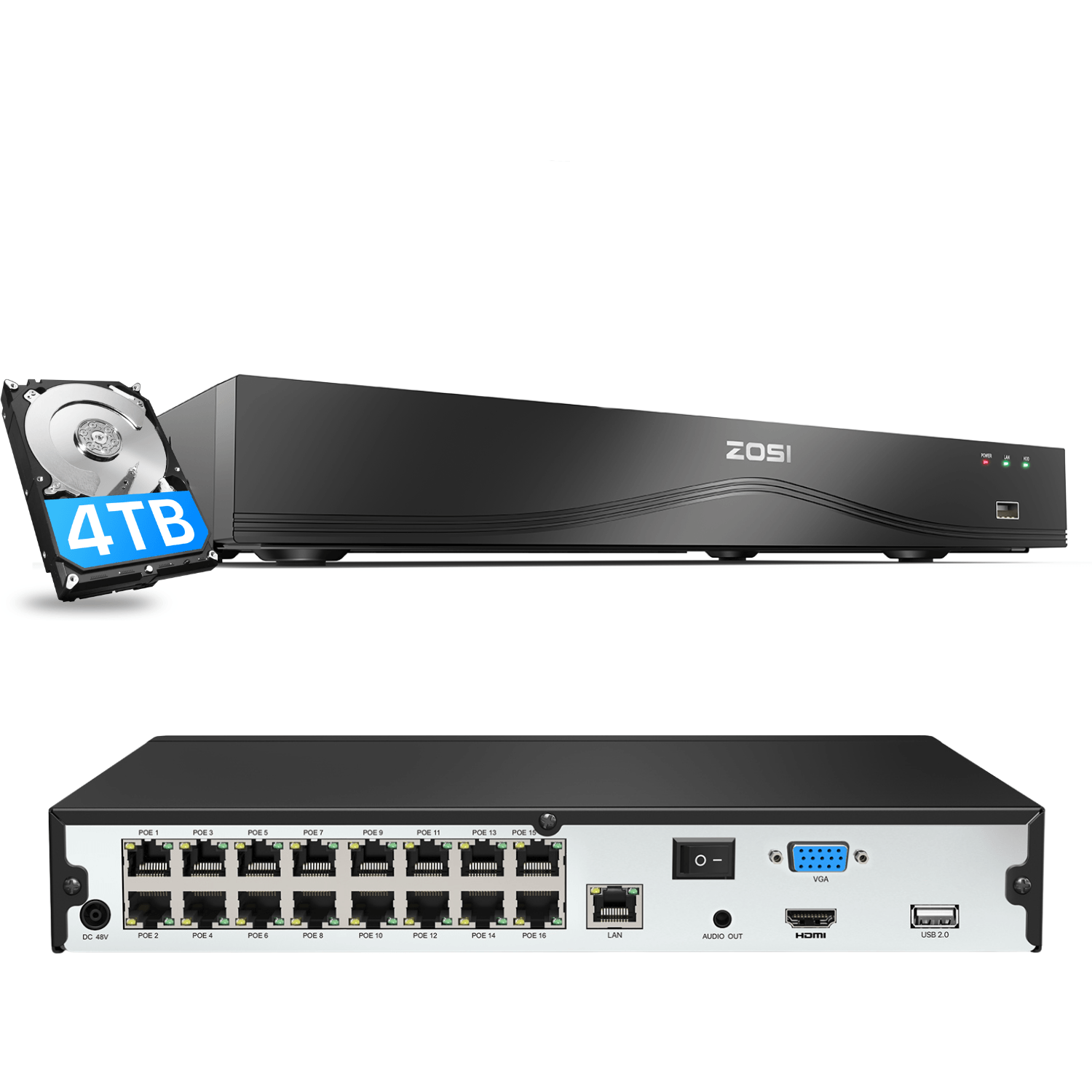 4K 16 Channel 2 Bay Hard Drive PoE NVR Video Recorder + Hard Drive
